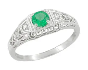 Art Deco Emerald and Diamond Low Profile Filigree Engagement Ring in 14 Karat White Gold