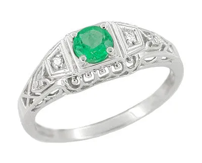 Art Deco Emerald and Diamond Low Profile Filigree Engagement Ring in 14 Karat White Gold