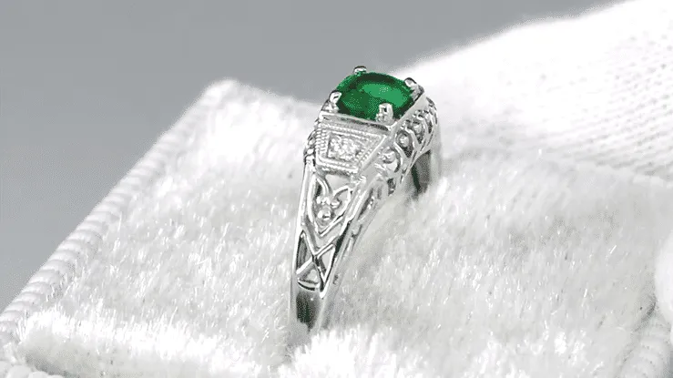 Art Deco Emerald and Diamond Low Profile Filigree Engagement Ring in 14 Karat White Gold