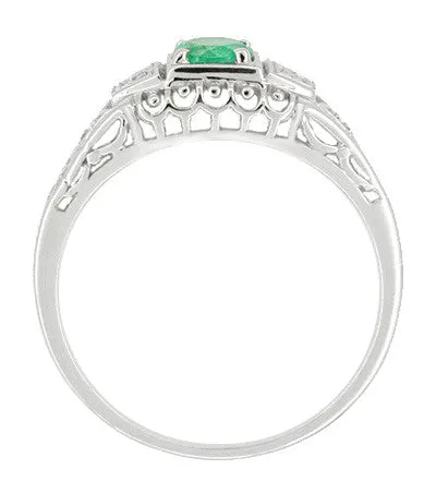 Art Deco Emerald and Diamond Low Profile Filigree Engagement Ring in 14 Karat White Gold
