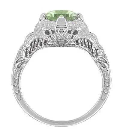 Art Deco Vintage Engraved Filigree 1 Carat Green Sapphire Engagement Ring in 14 Karat White Gold