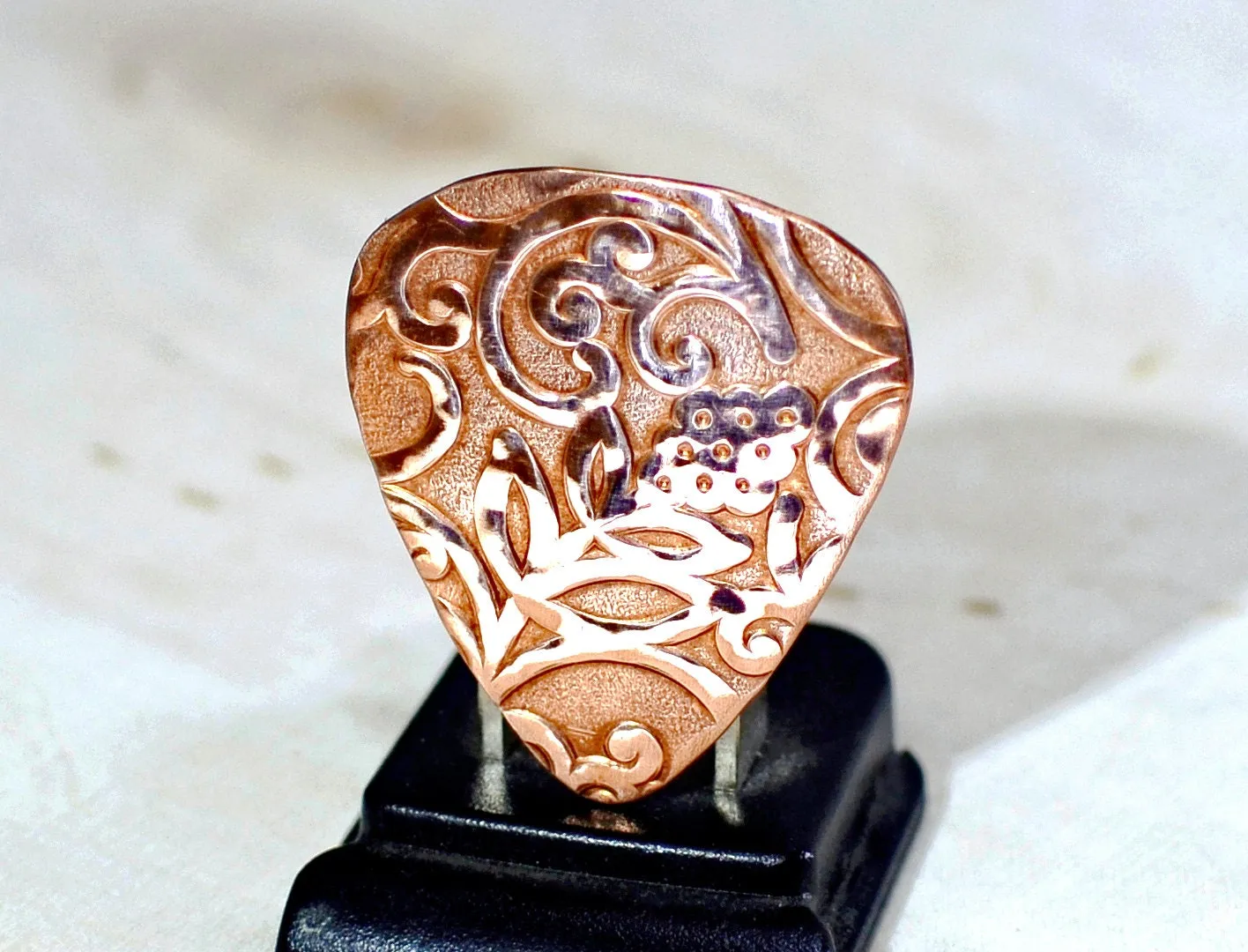 Artistic Leaf Copper Guitar Pick Uniquely Hammered and Imprinted