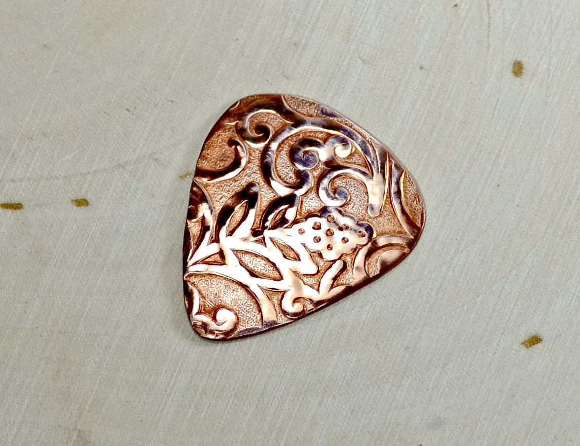Artistic Leaf Copper Guitar Pick Uniquely Hammered and Imprinted