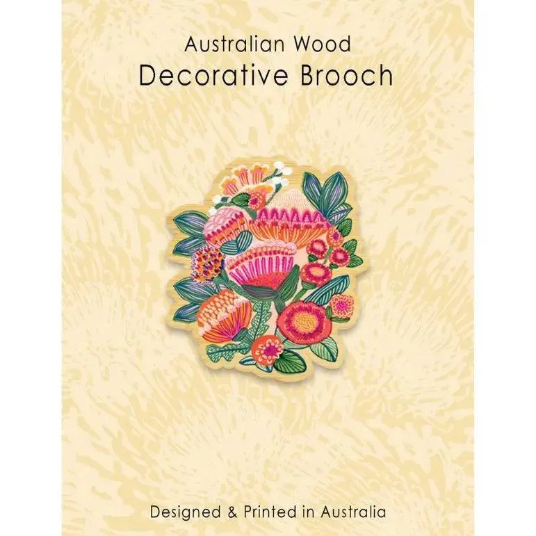 Aussie Native Flowers Wooden Brooch