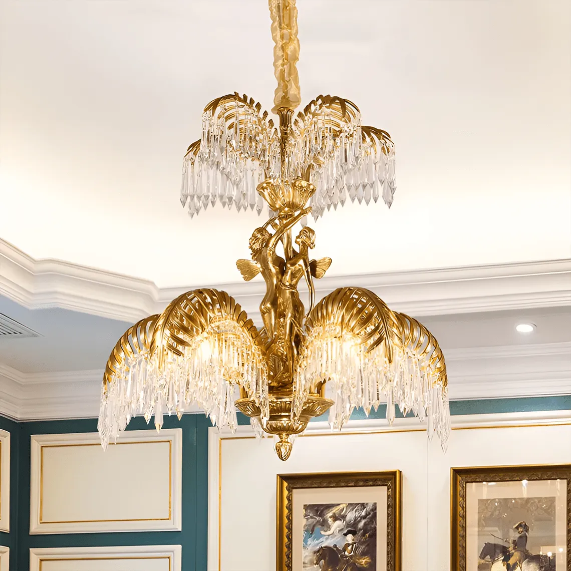 Baroque Style Gold Palm Leaf Crystal Chandelier
