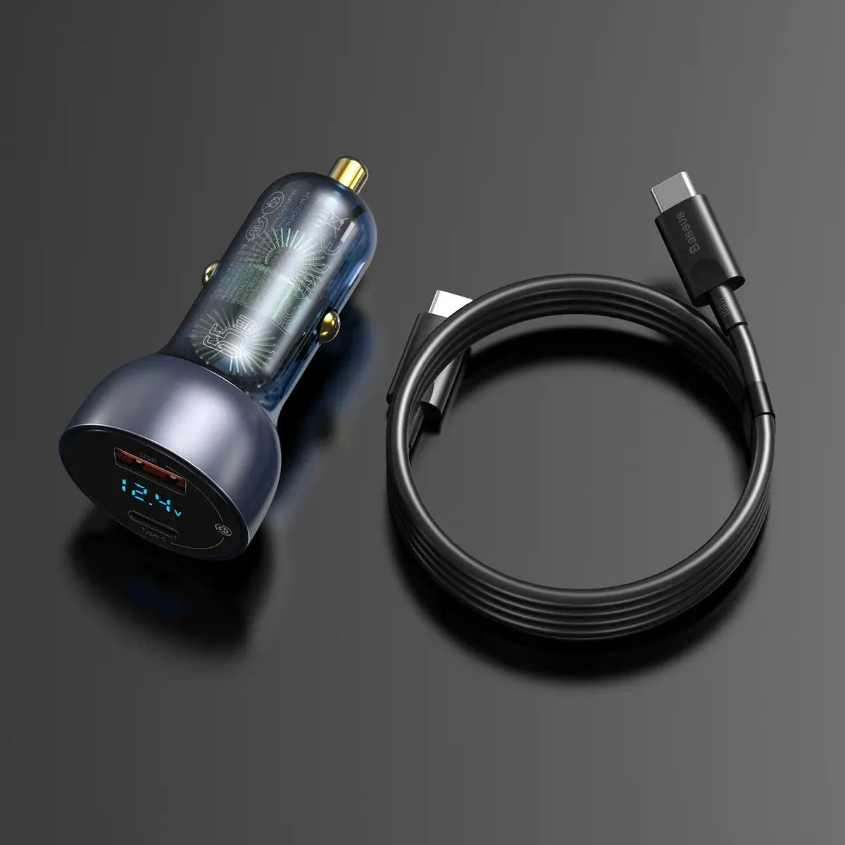 Baseus USB / USB Type C Car Charger 65 W 5 A SCP Quick Charge 4.0  Power Delivery 3.0 LCD Screen   USB Type C – USB Type C Cable Grey (TZCCKX-0G)
