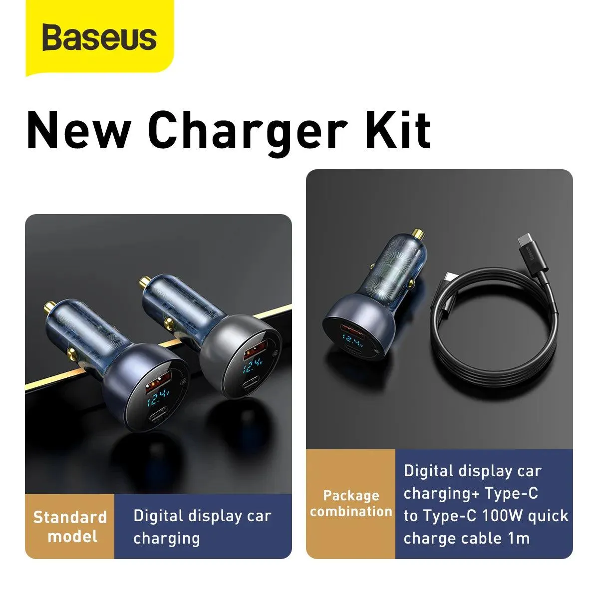 Baseus USB / USB Type C Car Charger 65 W 5 A SCP Quick Charge 4.0  Power Delivery 3.0 LCD Screen   USB Type C – USB Type C Cable Grey (TZCCKX-0G)