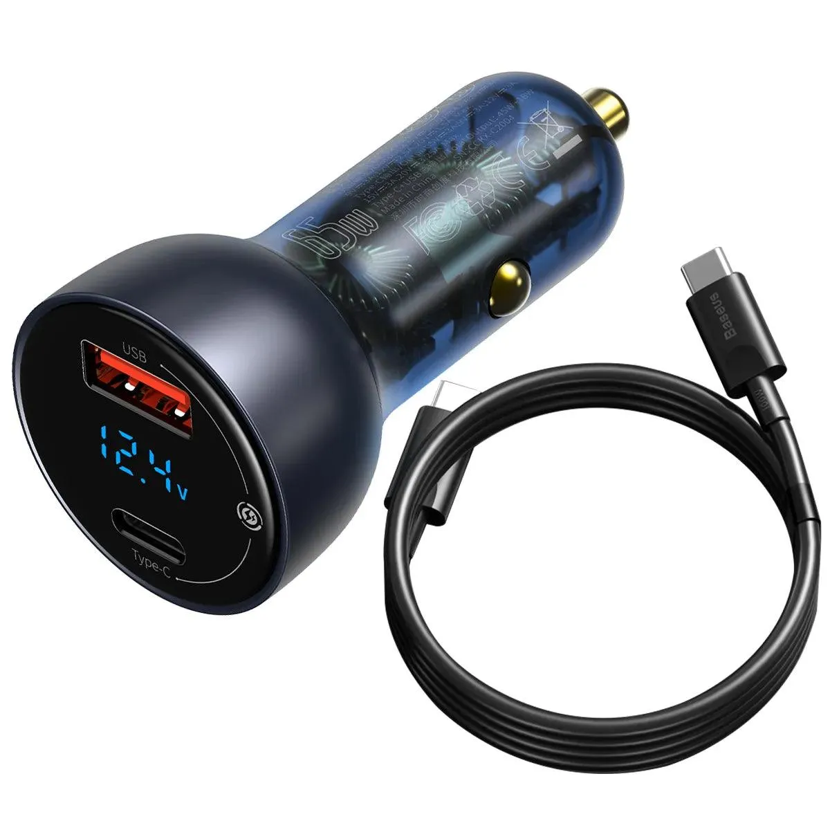 Baseus USB / USB Type C Car Charger 65 W 5 A SCP Quick Charge 4.0  Power Delivery 3.0 LCD Screen   USB Type C – USB Type C Cable Grey (TZCCKX-0G)