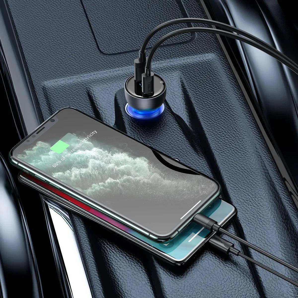 Baseus USB / USB Type C Car Charger 65 W 5 A SCP Quick Charge 4.0  Power Delivery 3.0 LCD Screen   USB Type C – USB Type C Cable Grey (TZCCKX-0G)