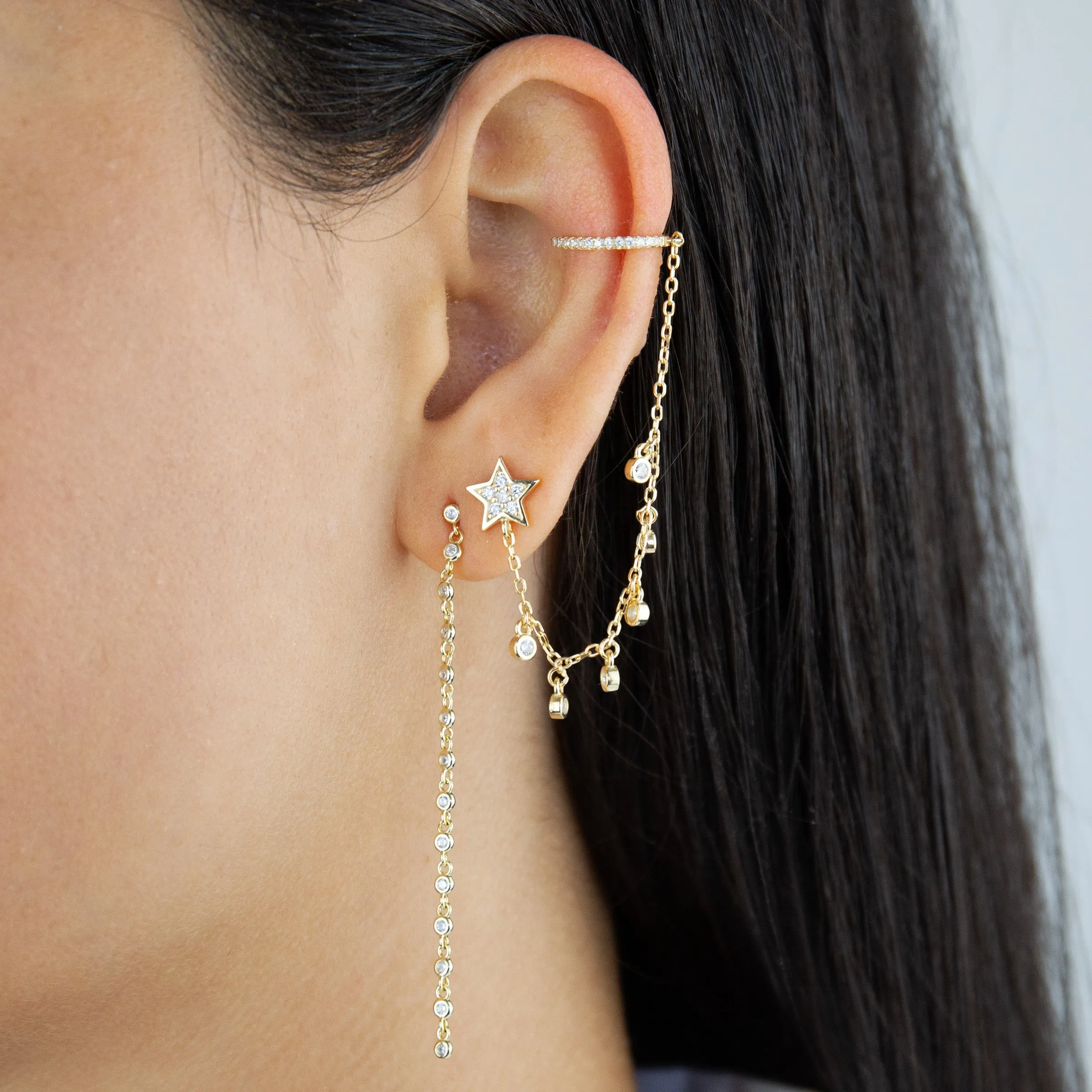 Bezel Star Chain Ear Cuff X Stud Earring