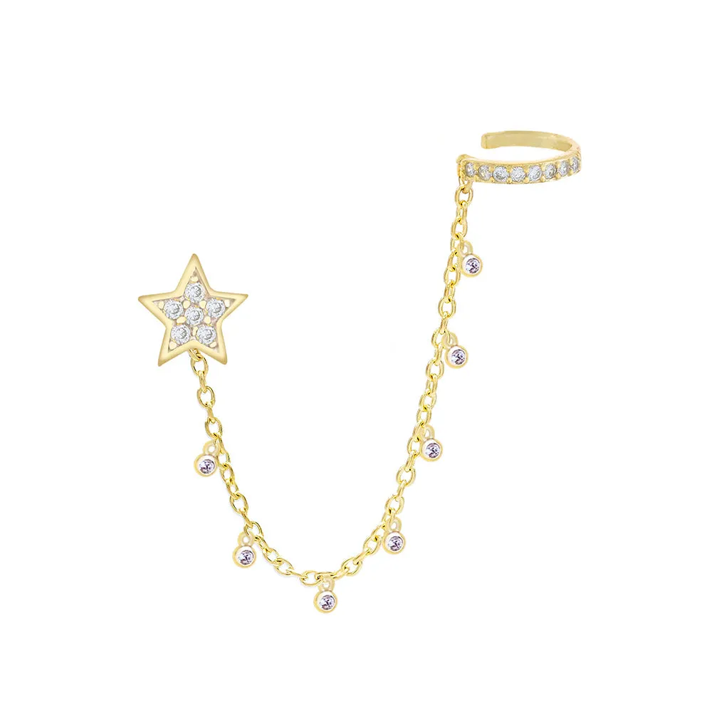 Bezel Star Chain Ear Cuff X Stud Earring
