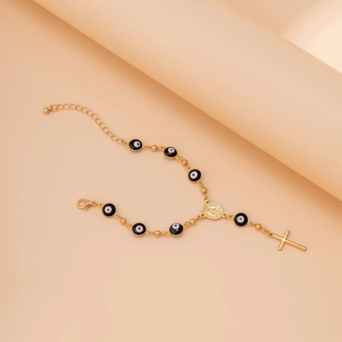 Black Acrylic & 18K Gold-Plated Evil Eye & Cross Charm Bracelet