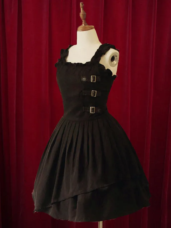 Black Lolita Dress Straps Buckles Cotton Dress for Women