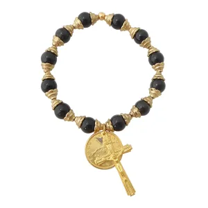 Black onyx and gold crucifix bracelet