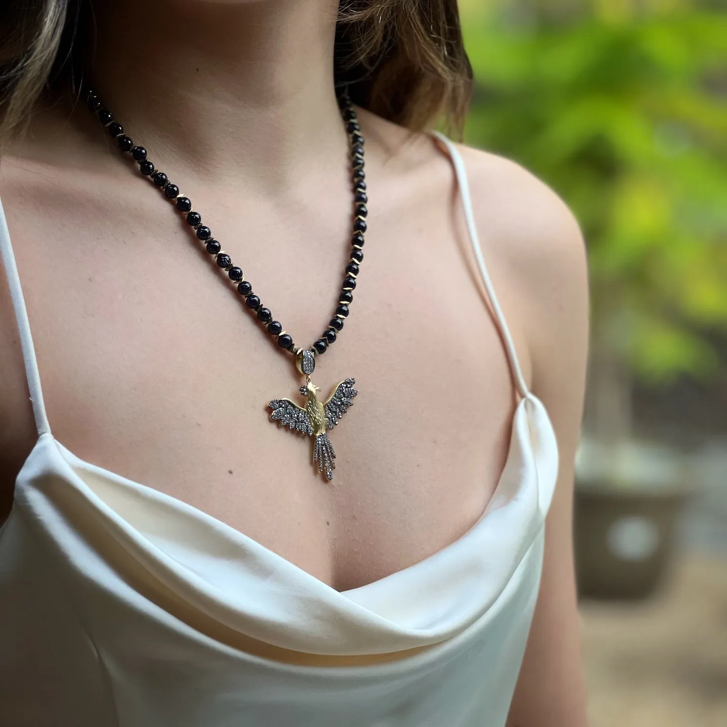 Black Star Stone Beaded Magical Phoenix Bird Pendant Necklace