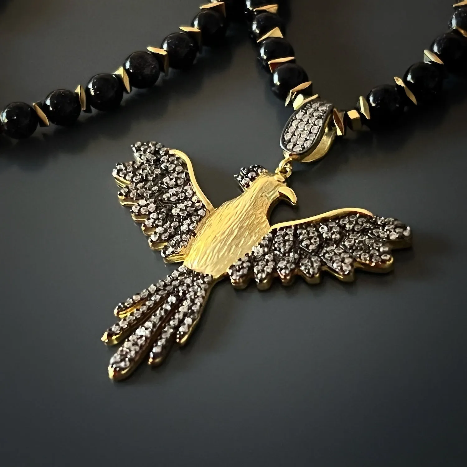 Black Star Stone Beaded Magical Phoenix Bird Pendant Necklace