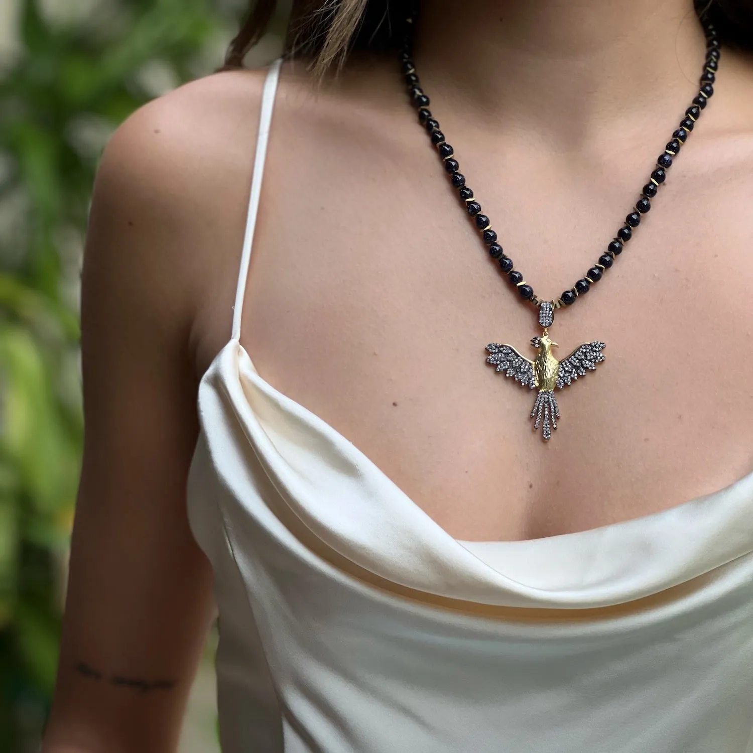 Black Star Stone Beaded Magical Phoenix Bird Pendant Necklace