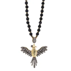 Black Star Stone Beaded Magical Phoenix Bird Pendant Necklace