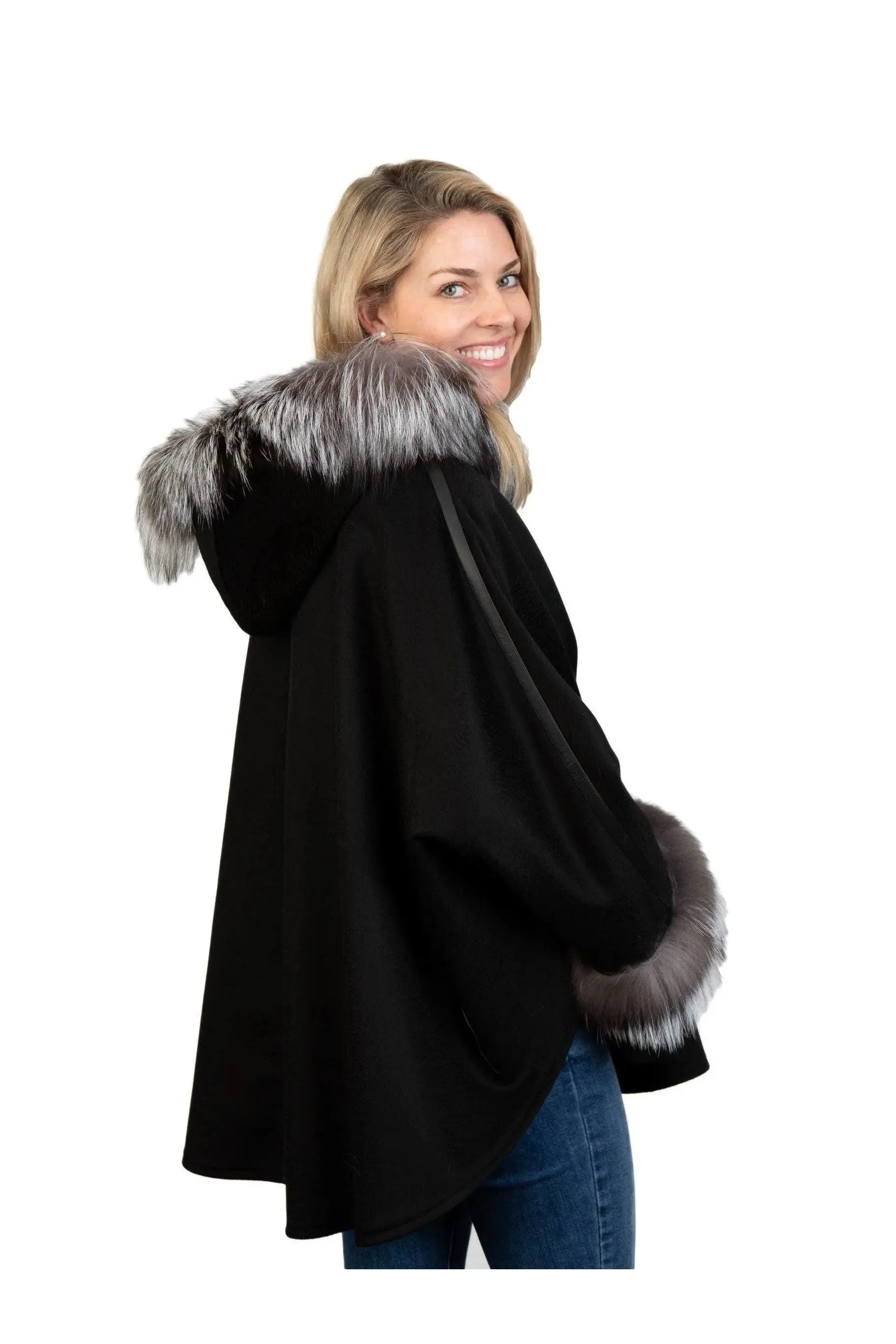 Black Wool & Cashmere Cape with Silver Fox Trim