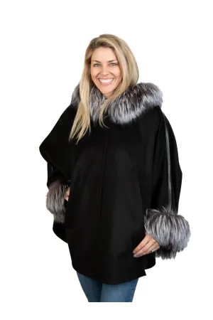Black Wool & Cashmere Cape with Silver Fox Trim