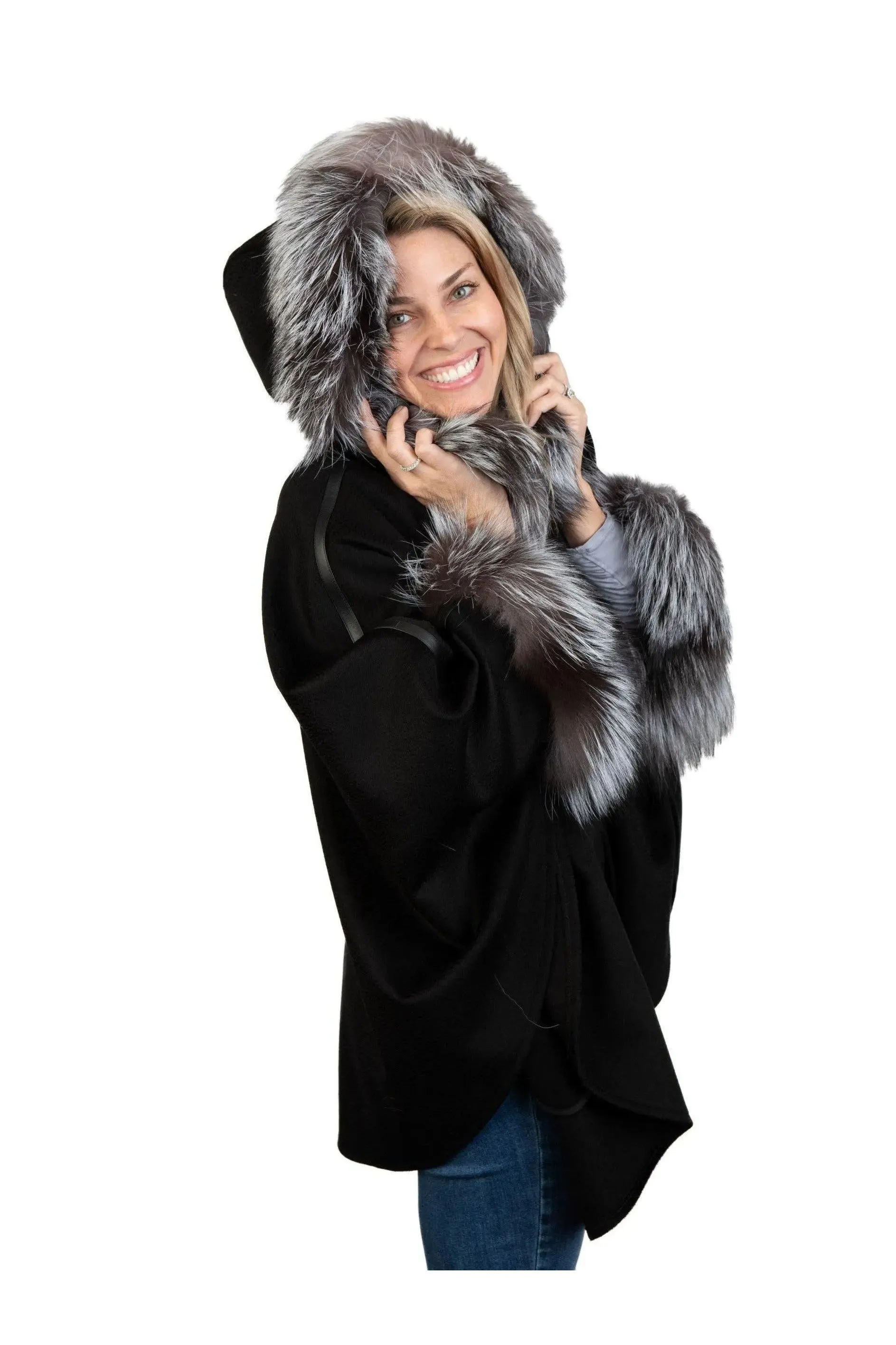 Black Wool & Cashmere Cape with Silver Fox Trim