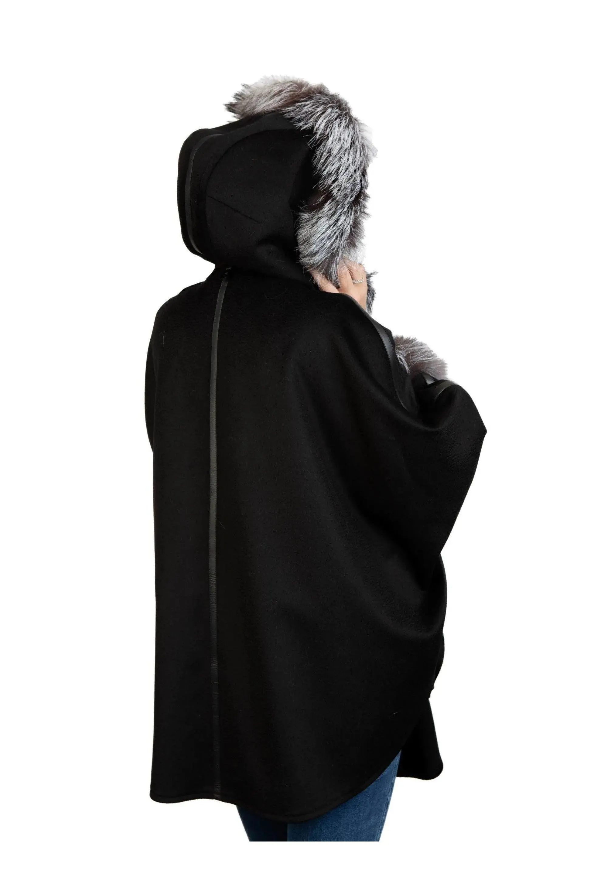 Black Wool & Cashmere Cape with Silver Fox Trim