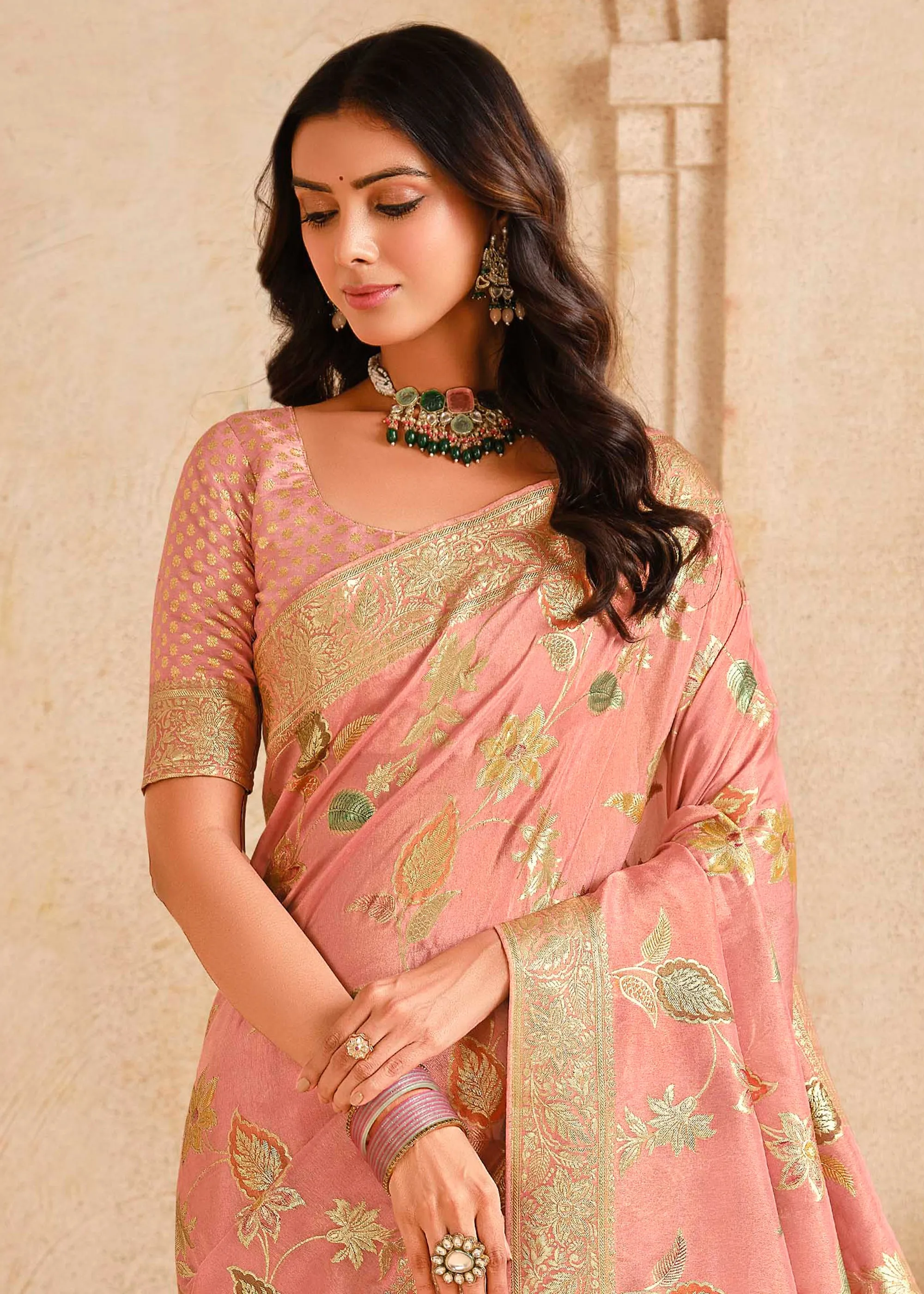 Bloom Peach Woven Banarasi Silk Saree