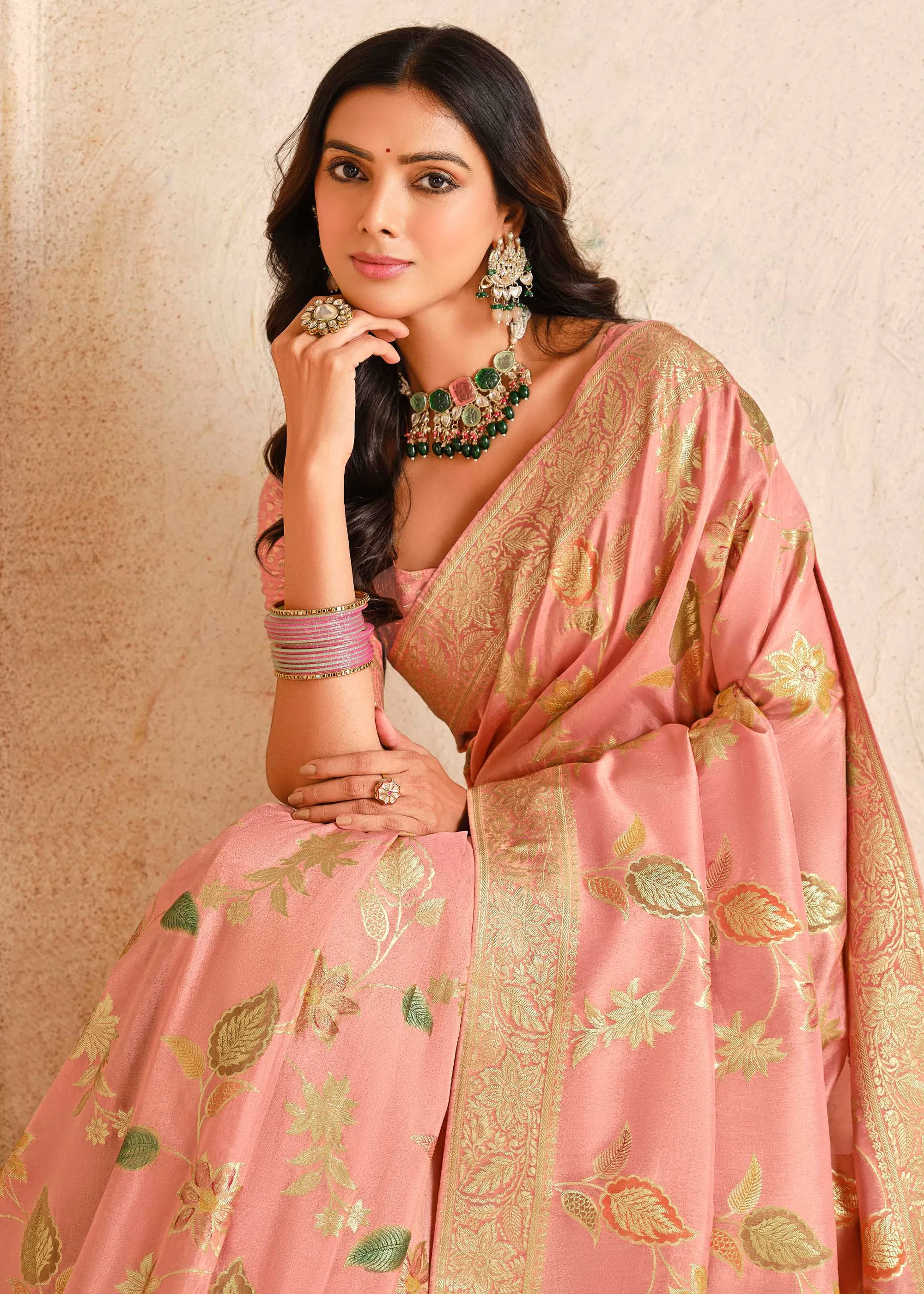 Bloom Peach Woven Banarasi Silk Saree