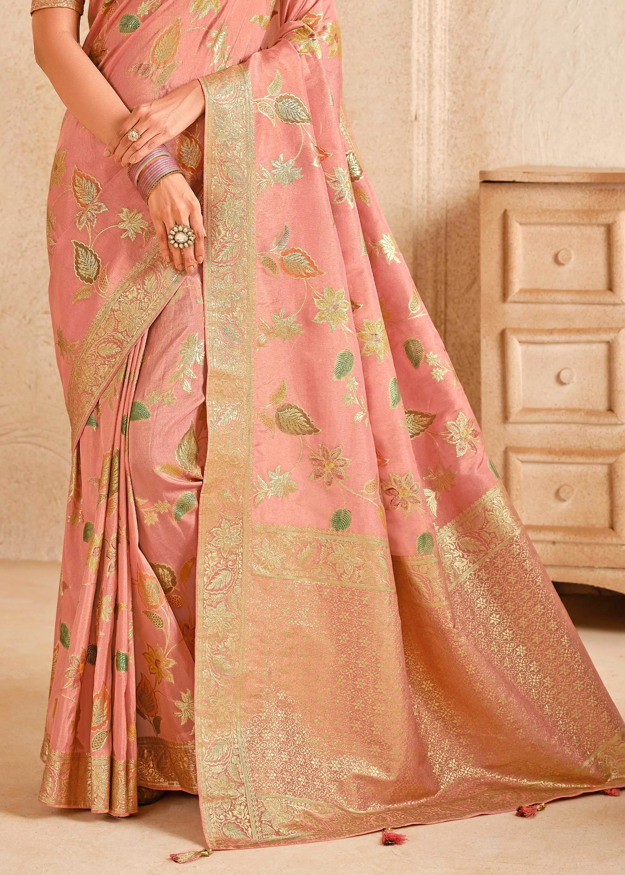 Bloom Peach Woven Banarasi Silk Saree