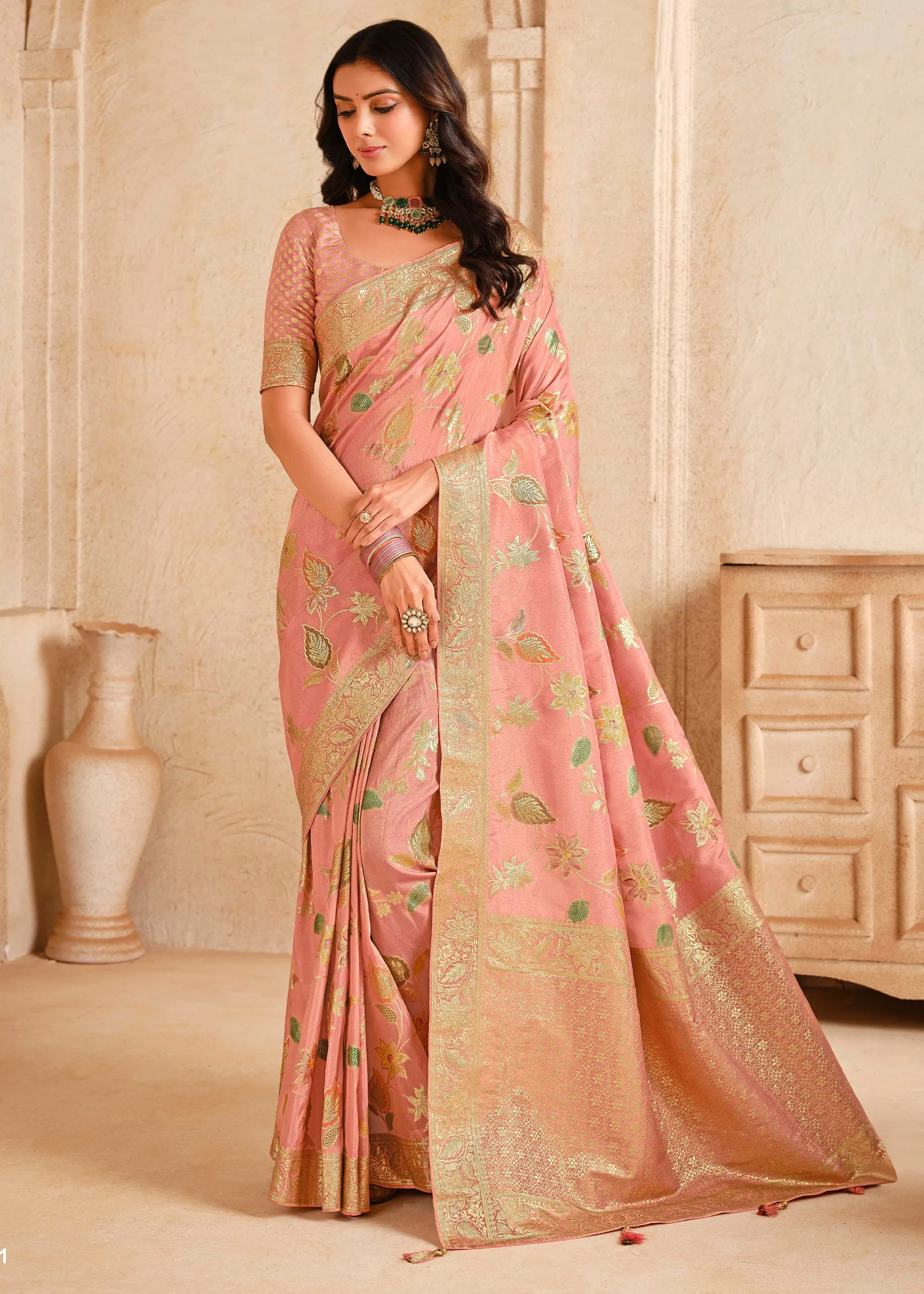 Bloom Peach Woven Banarasi Silk Saree