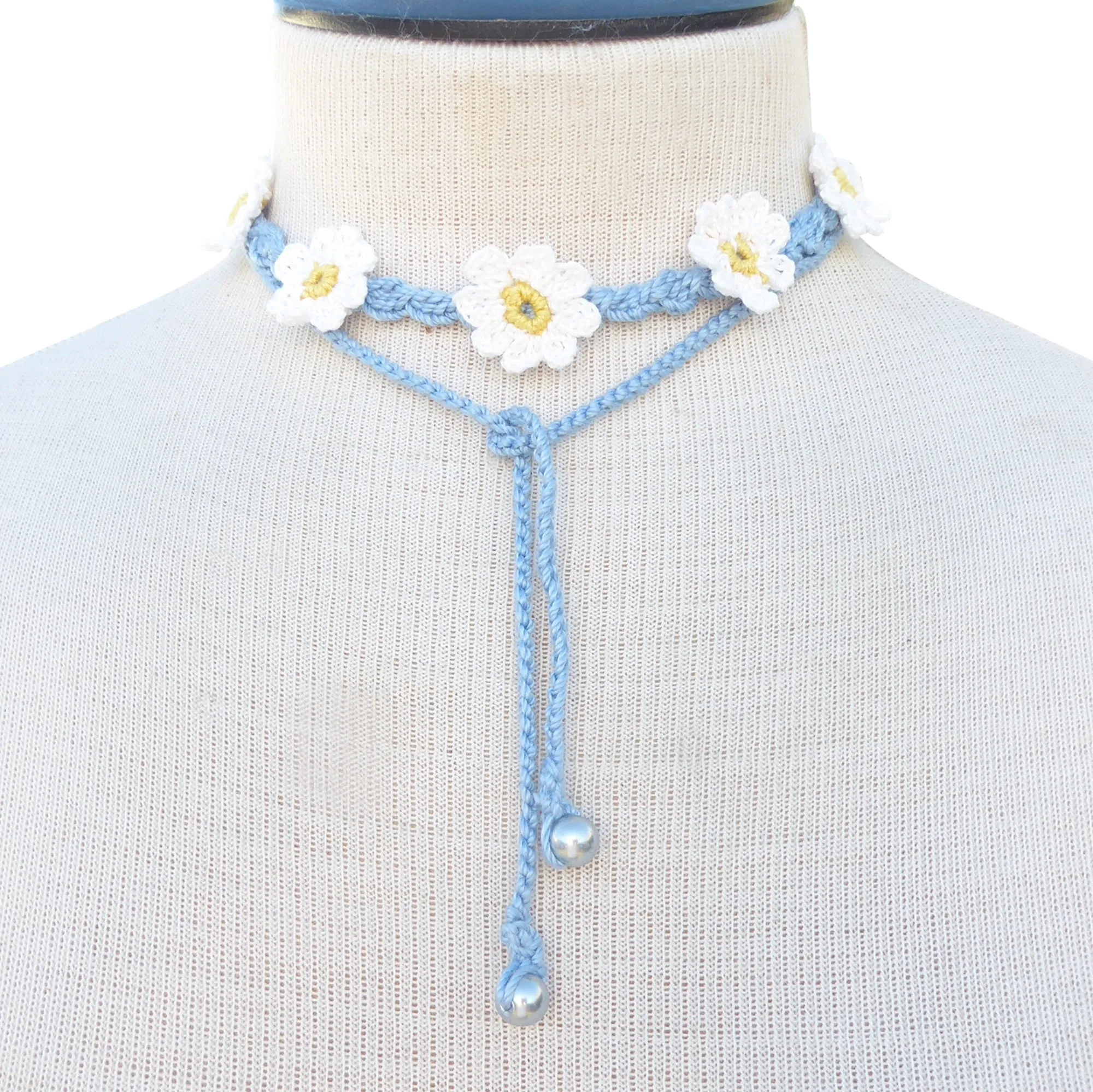 Blue and white daisy crochet set