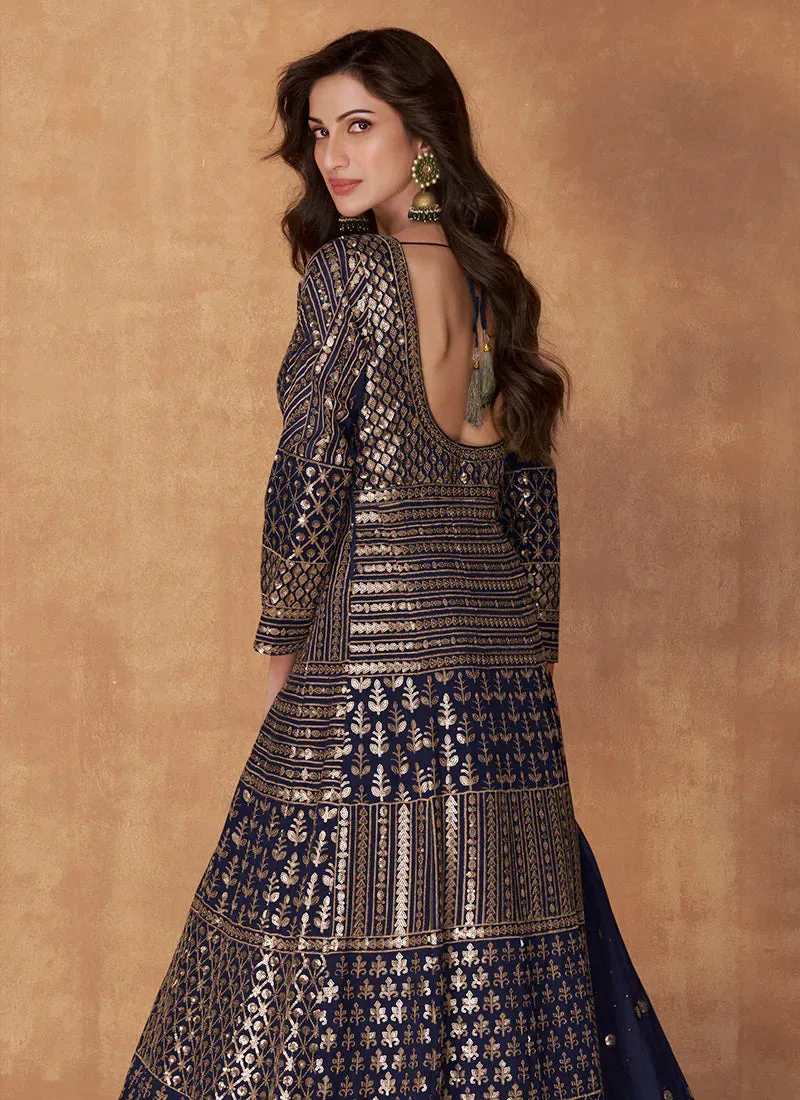 Blue Enchanting Embroidered Anarkali Style Lehenga
