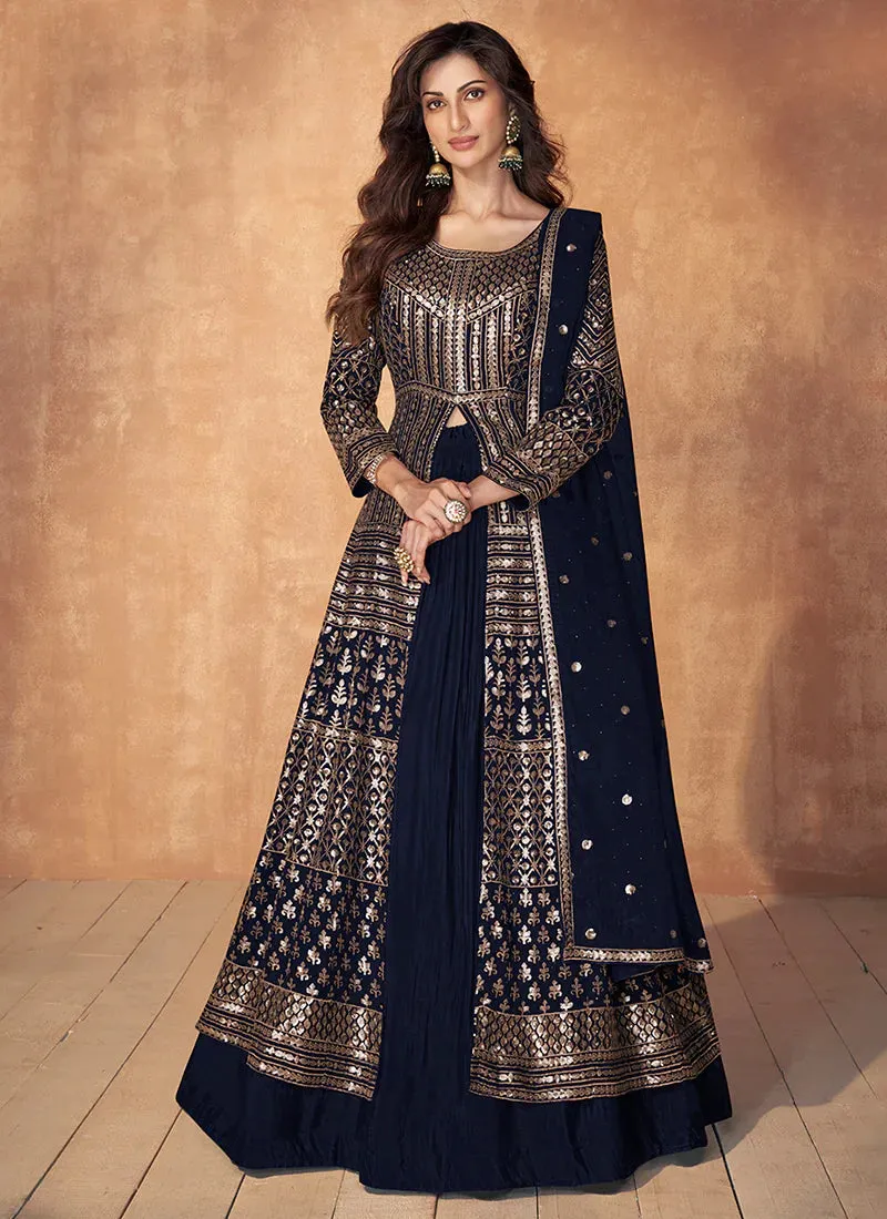 Blue Enchanting Embroidered Anarkali Style Lehenga