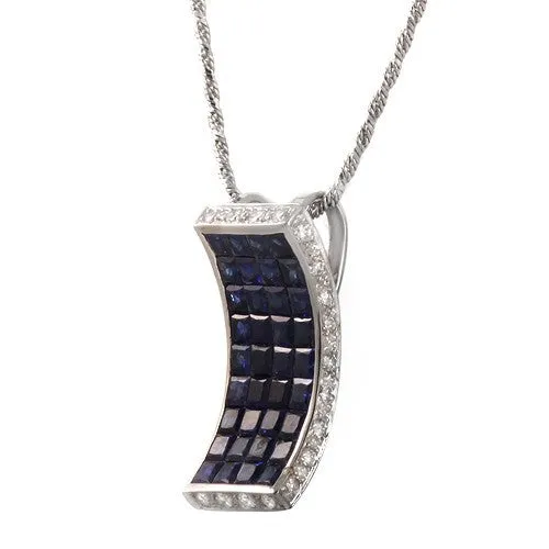 Blue Sapphire & Pave Diamond Wedged Pendant Necklace, 18k White Gold