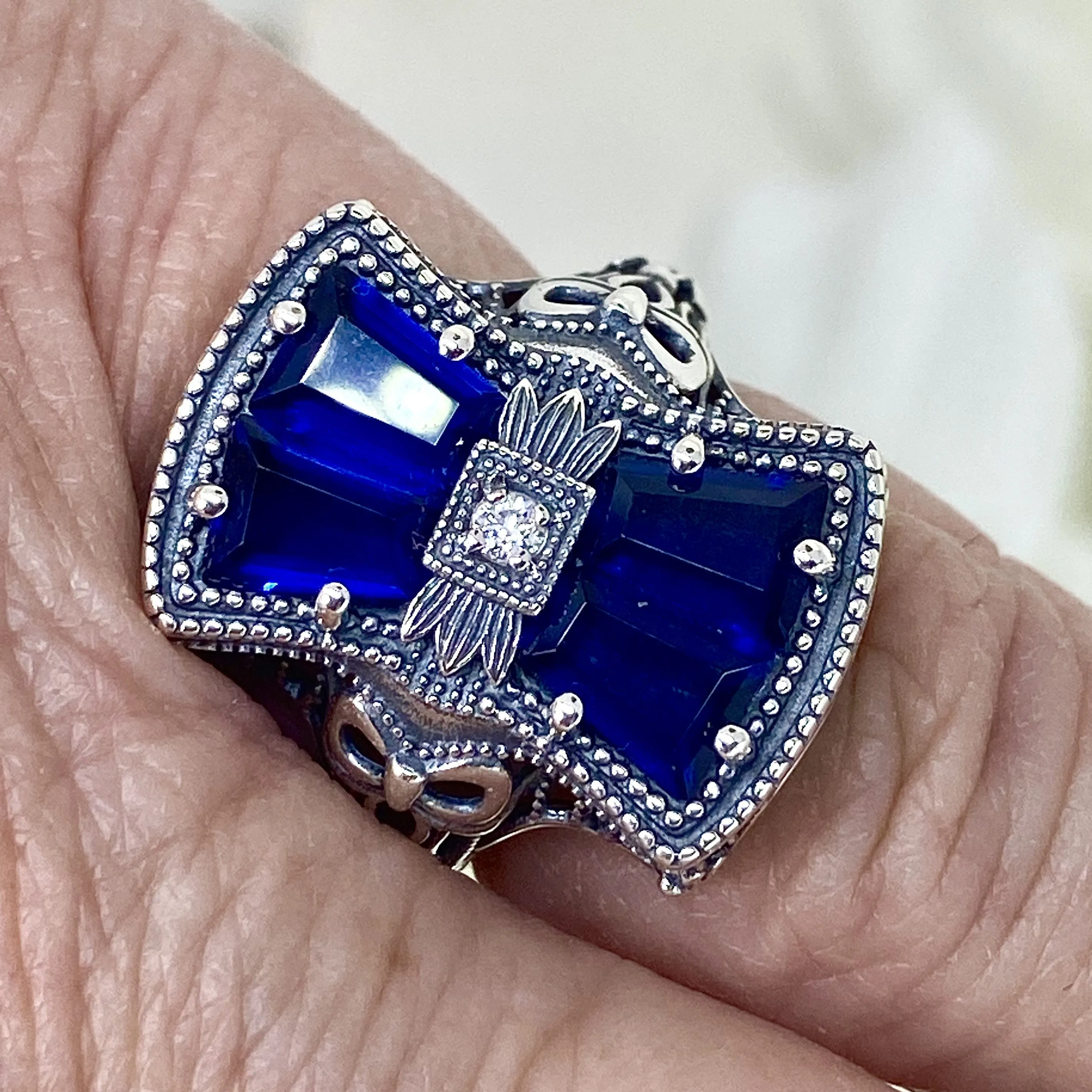 Blue Sapphire Ring, Size 6, Versailles Sterling Silver Bow & Baguette CZ Ring, Baroque Jewelry D595 - Ready to Ship