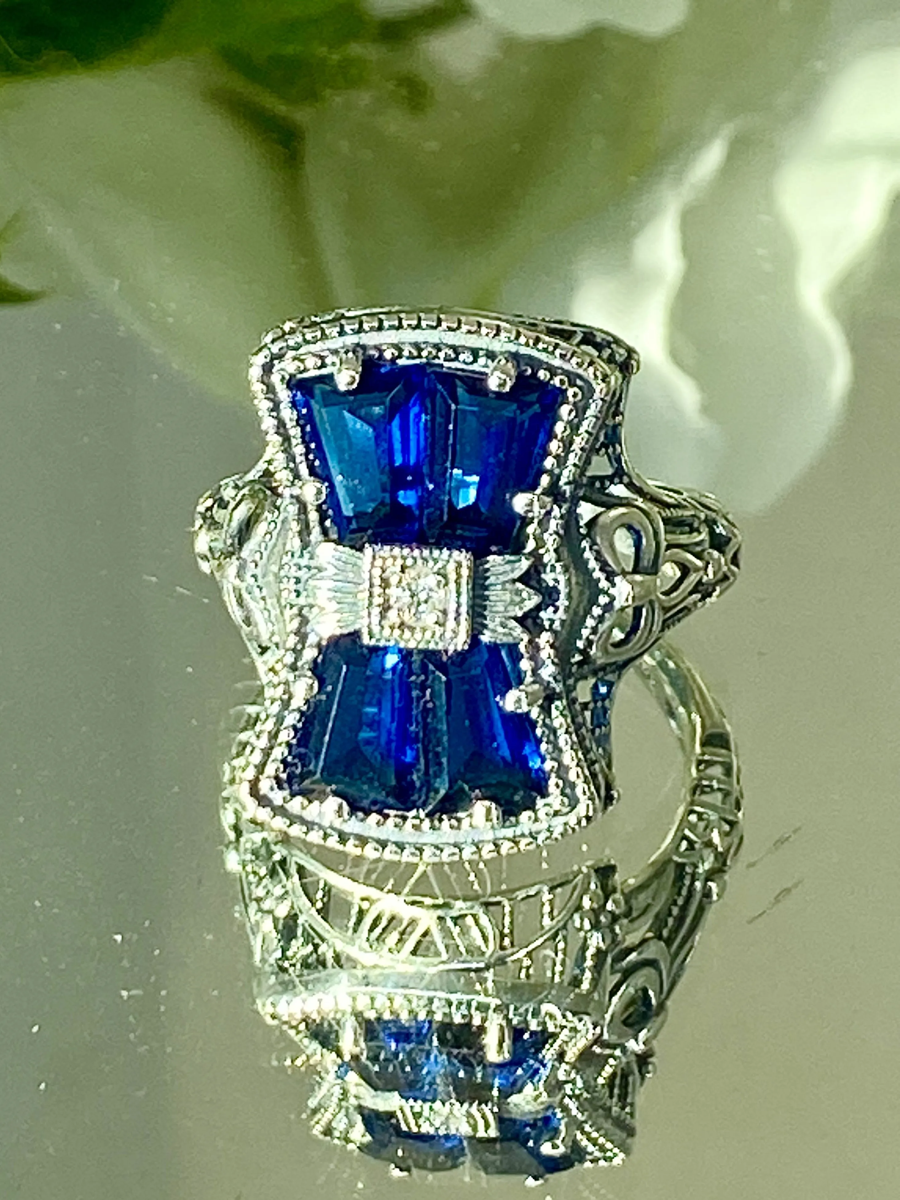 Blue Sapphire Ring, Size 6, Versailles Sterling Silver Bow & Baguette CZ Ring, Baroque Jewelry D595 - Ready to Ship