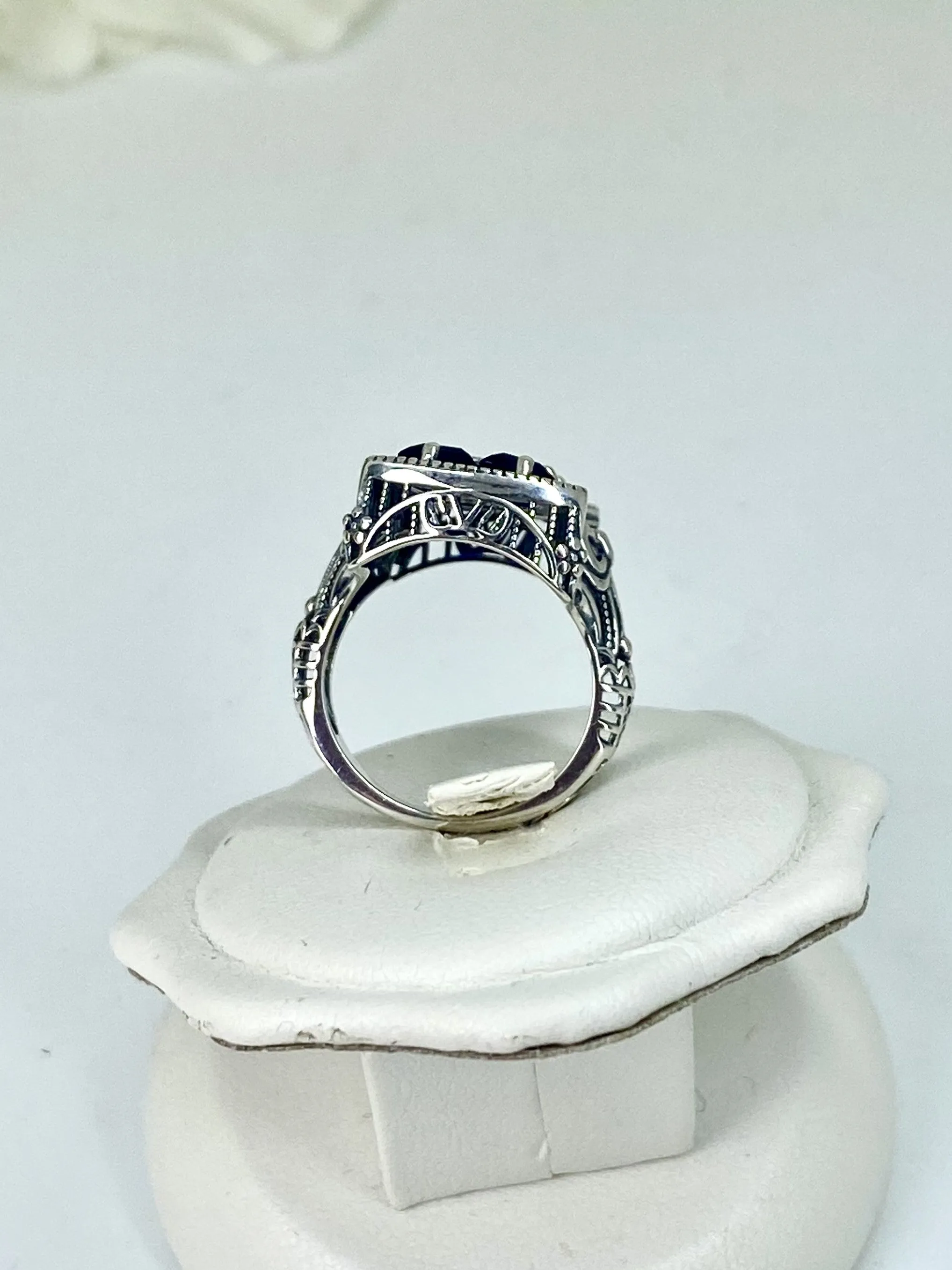 Blue Sapphire Ring, Size 6, Versailles Sterling Silver Bow & Baguette CZ Ring, Baroque Jewelry D595 - Ready to Ship