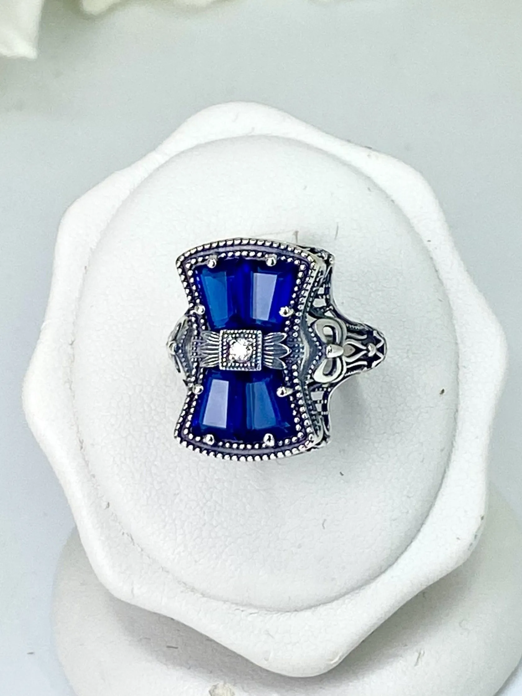 Blue Sapphire Ring, Size 6, Versailles Sterling Silver Bow & Baguette CZ Ring, Baroque Jewelry D595 - Ready to Ship