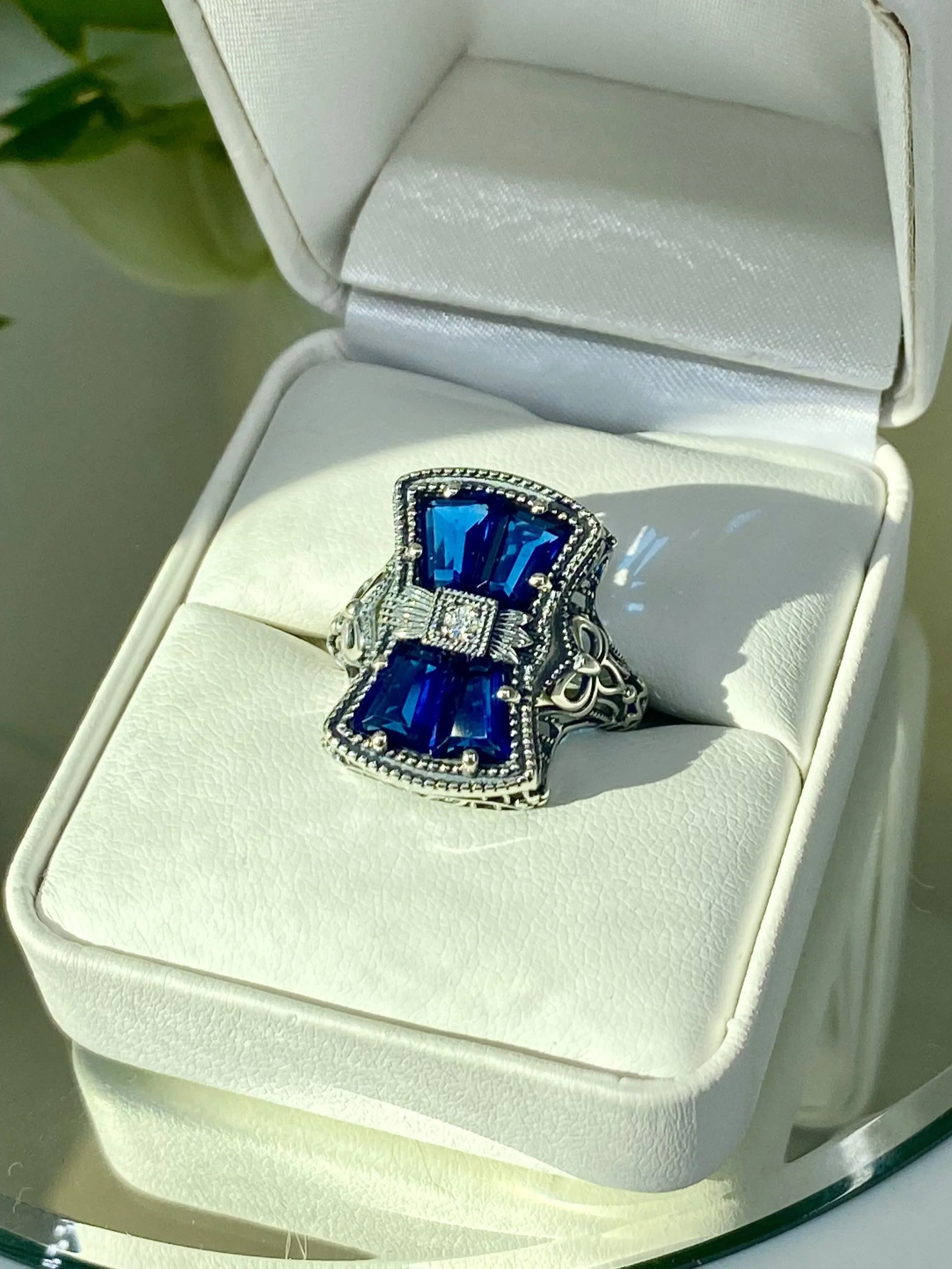 Blue Sapphire Ring, Size 6, Versailles Sterling Silver Bow & Baguette CZ Ring, Baroque Jewelry D595 - Ready to Ship