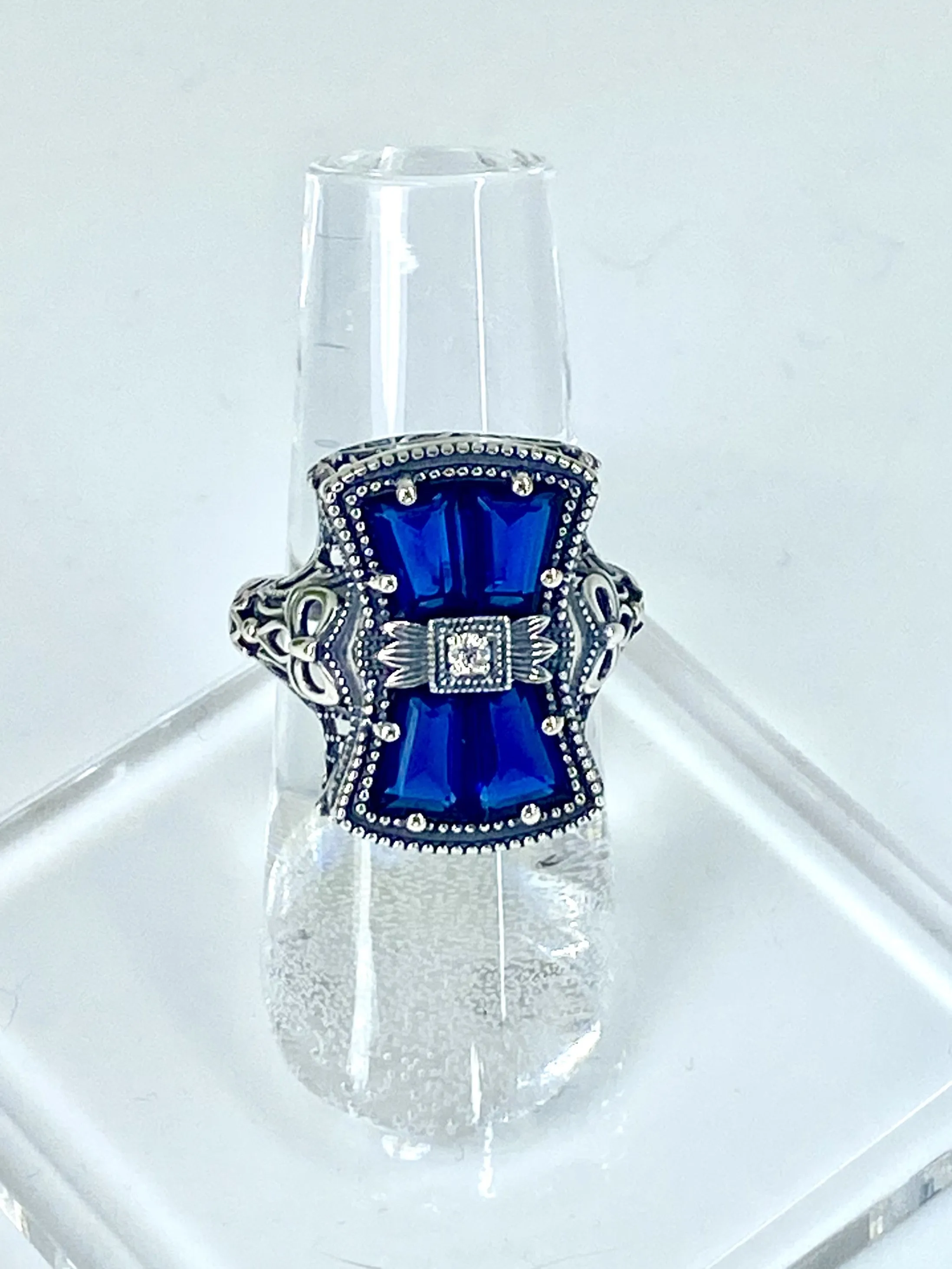 Blue Sapphire Ring, Size 6, Versailles Sterling Silver Bow & Baguette CZ Ring, Baroque Jewelry D595 - Ready to Ship