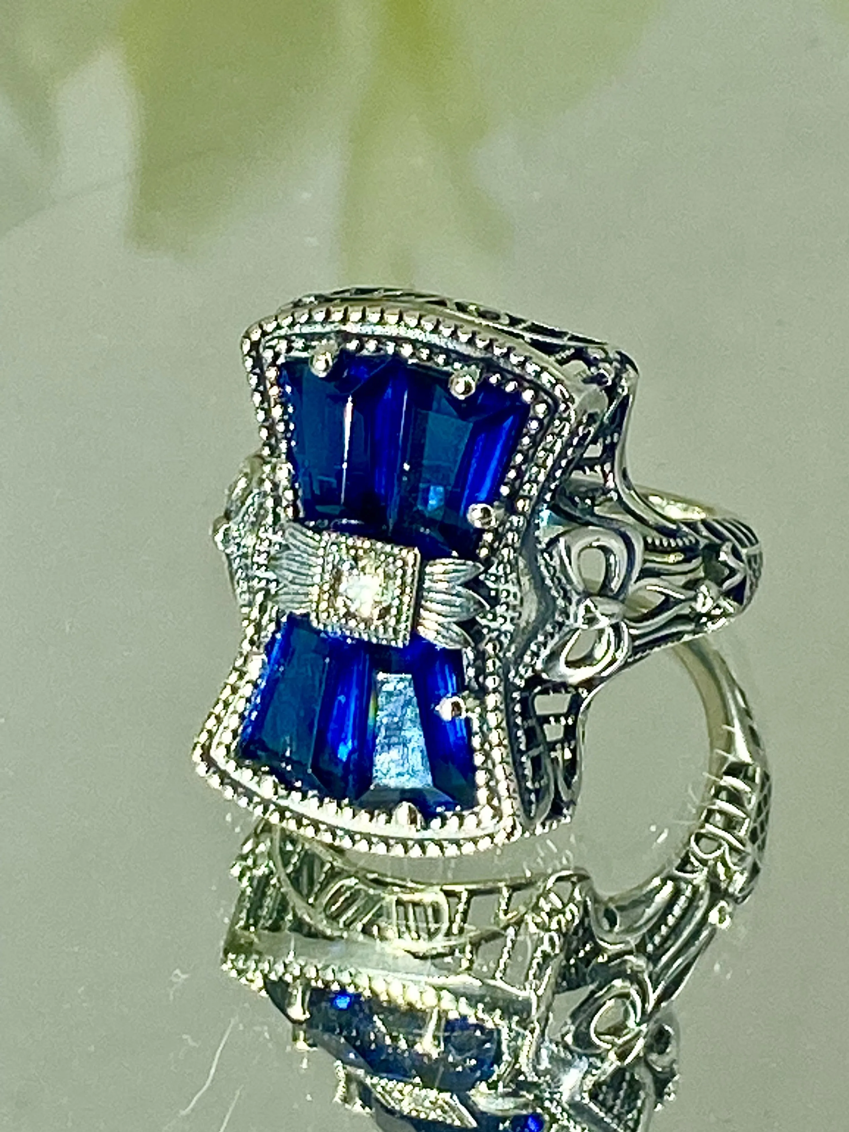 Blue Sapphire Ring, Size 6, Versailles Sterling Silver Bow & Baguette CZ Ring, Baroque Jewelry D595 - Ready to Ship