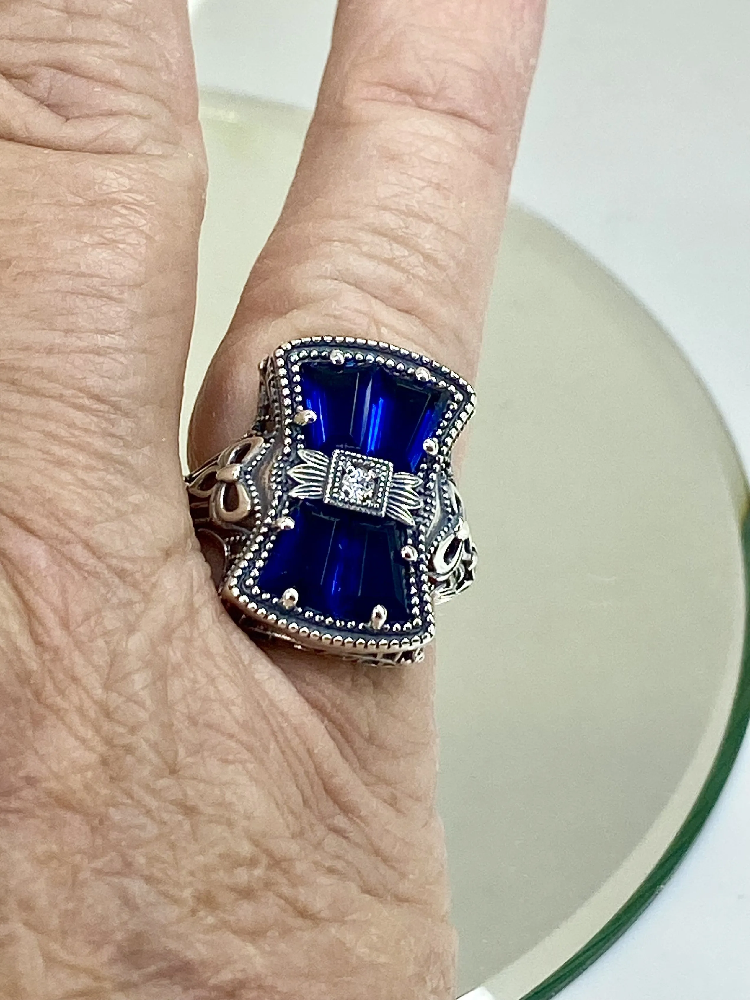 Blue Sapphire Ring, Size 6, Versailles Sterling Silver Bow & Baguette CZ Ring, Baroque Jewelry D595 - Ready to Ship