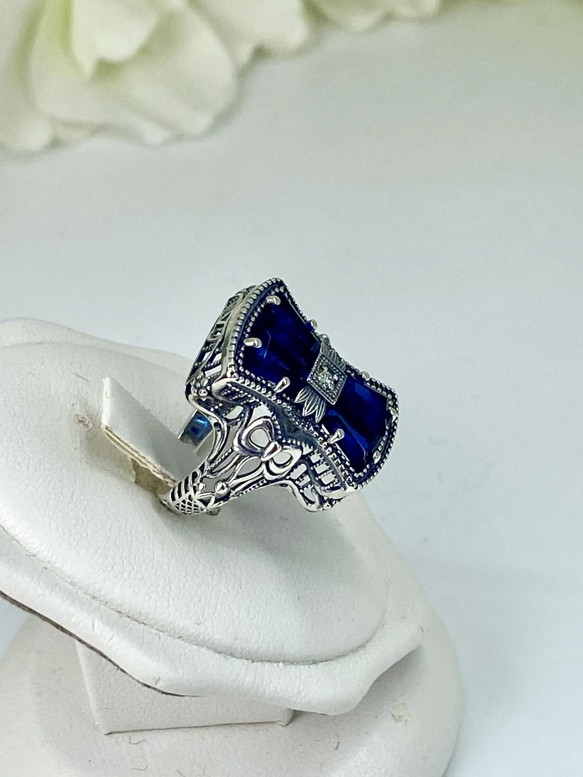 Blue Sapphire Ring, Size 6, Versailles Sterling Silver Bow & Baguette CZ Ring, Baroque Jewelry D595 - Ready to Ship