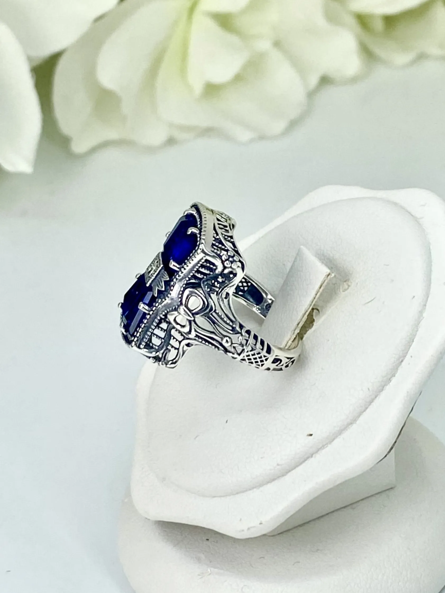 Blue Sapphire Ring, Size 6, Versailles Sterling Silver Bow & Baguette CZ Ring, Baroque Jewelry D595 - Ready to Ship
