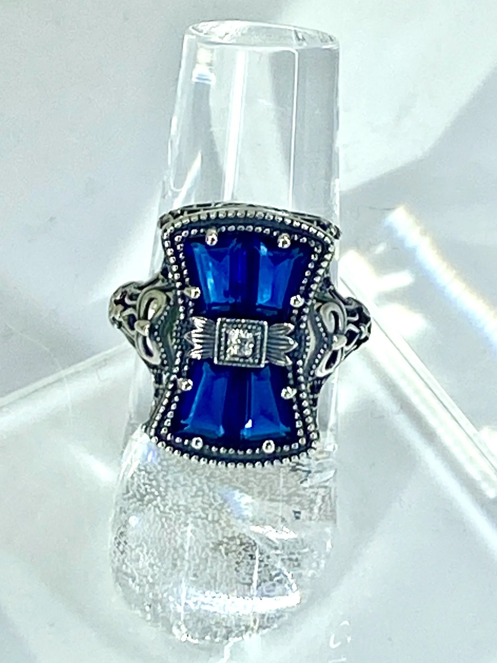 Blue Sapphire Ring, Size 6, Versailles Sterling Silver Bow & Baguette CZ Ring, Baroque Jewelry D595 - Ready to Ship
