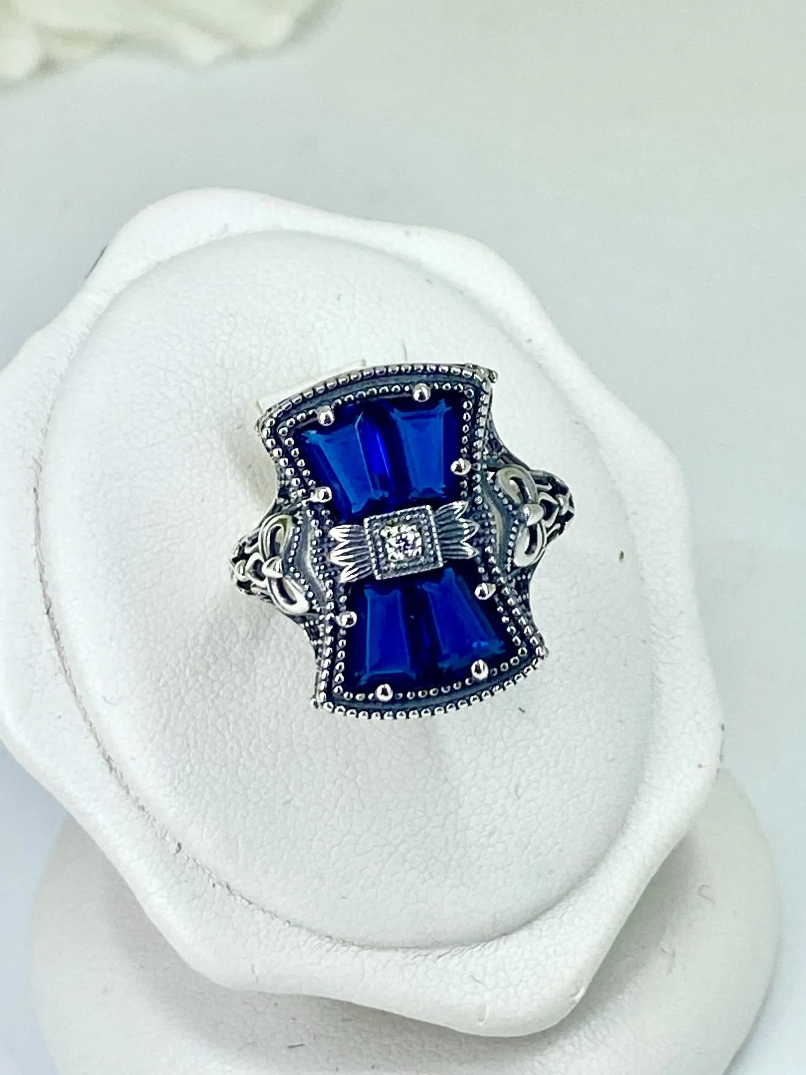 Blue Sapphire Ring, Size 6, Versailles Sterling Silver Bow & Baguette CZ Ring, Baroque Jewelry D595 - Ready to Ship