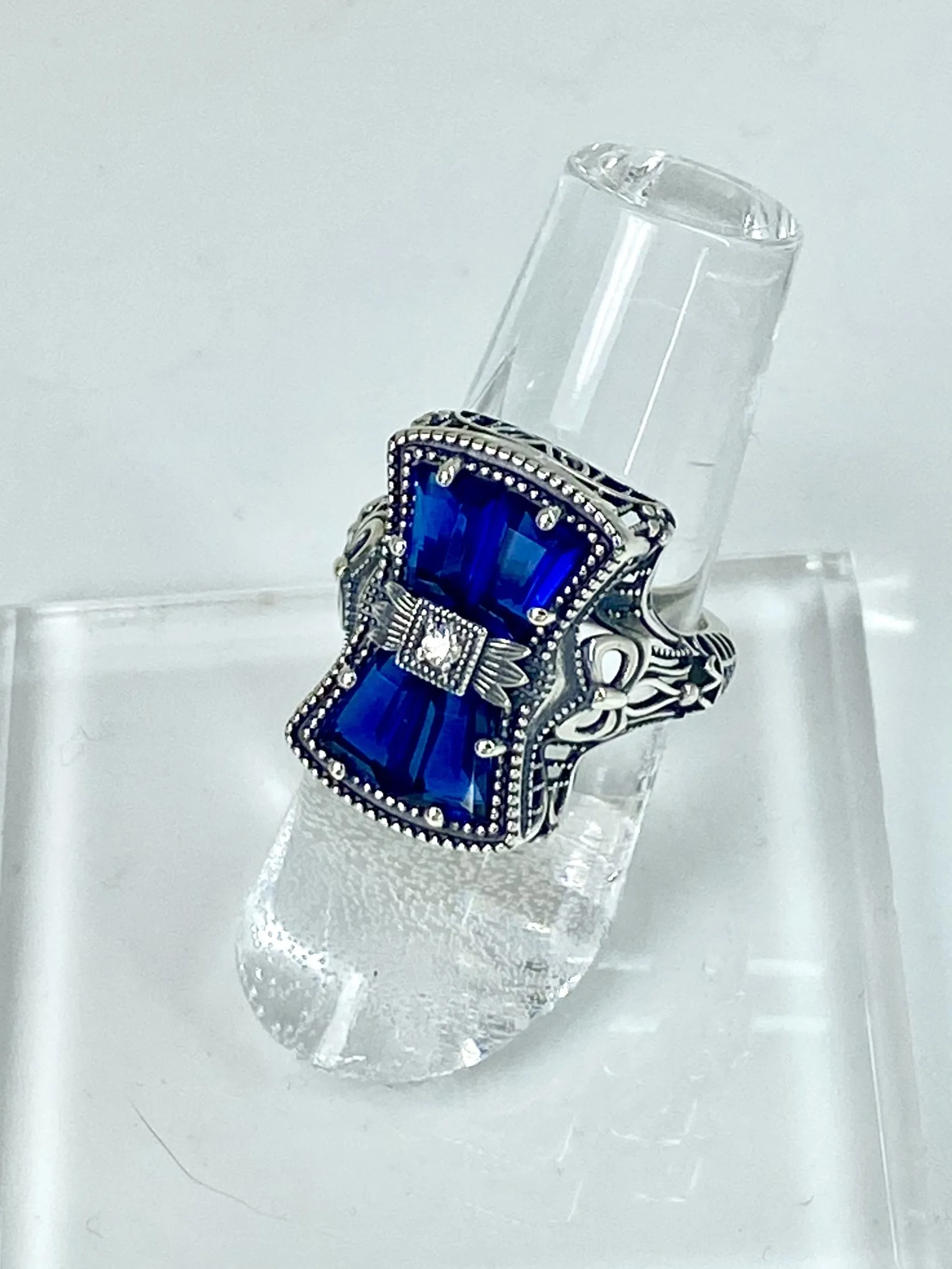 Blue Sapphire Ring, Size 6, Versailles Sterling Silver Bow & Baguette CZ Ring, Baroque Jewelry D595 - Ready to Ship
