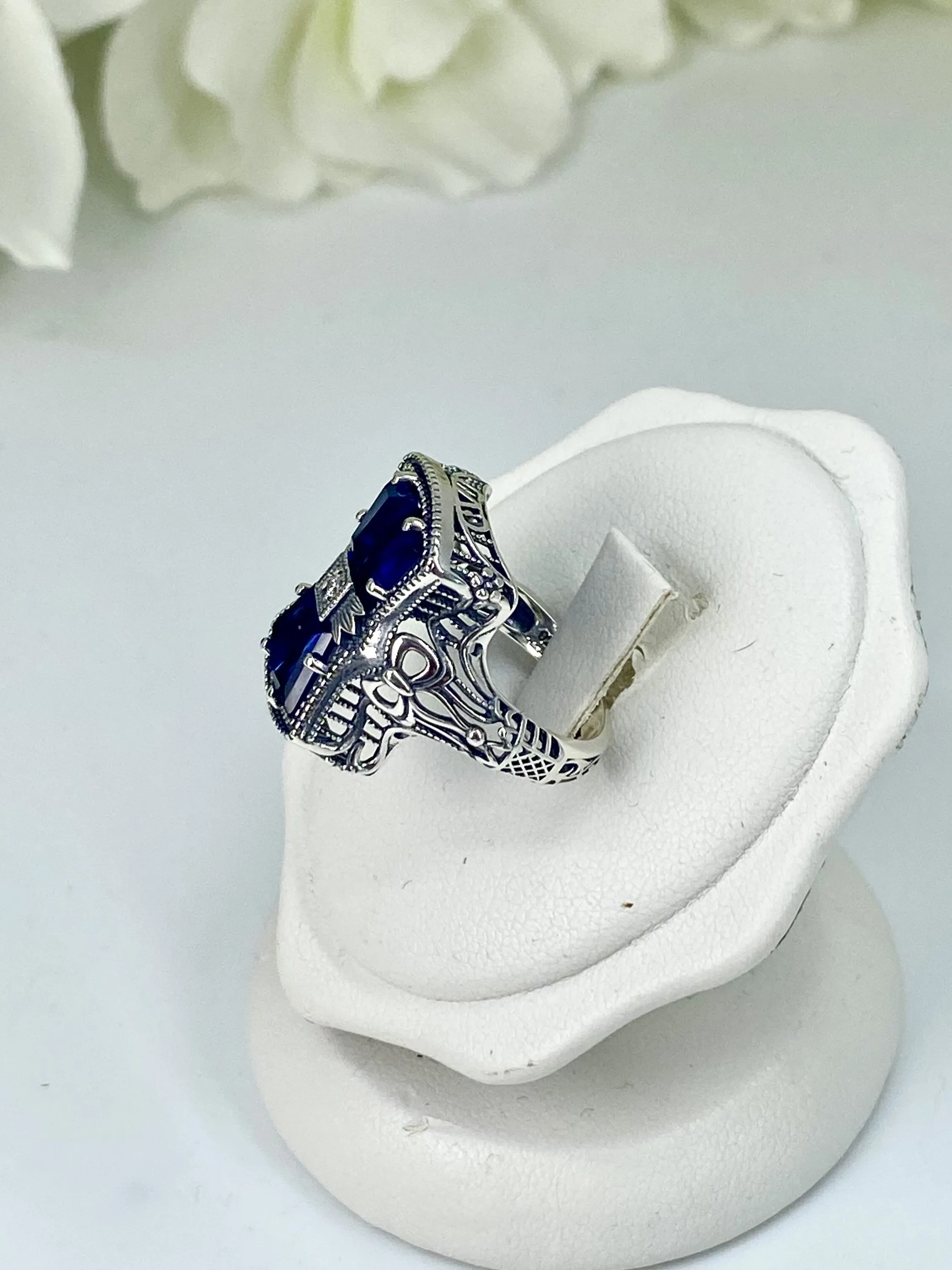 Blue Sapphire Ring, Size 6, Versailles Sterling Silver Bow & Baguette CZ Ring, Baroque Jewelry D595 - Ready to Ship