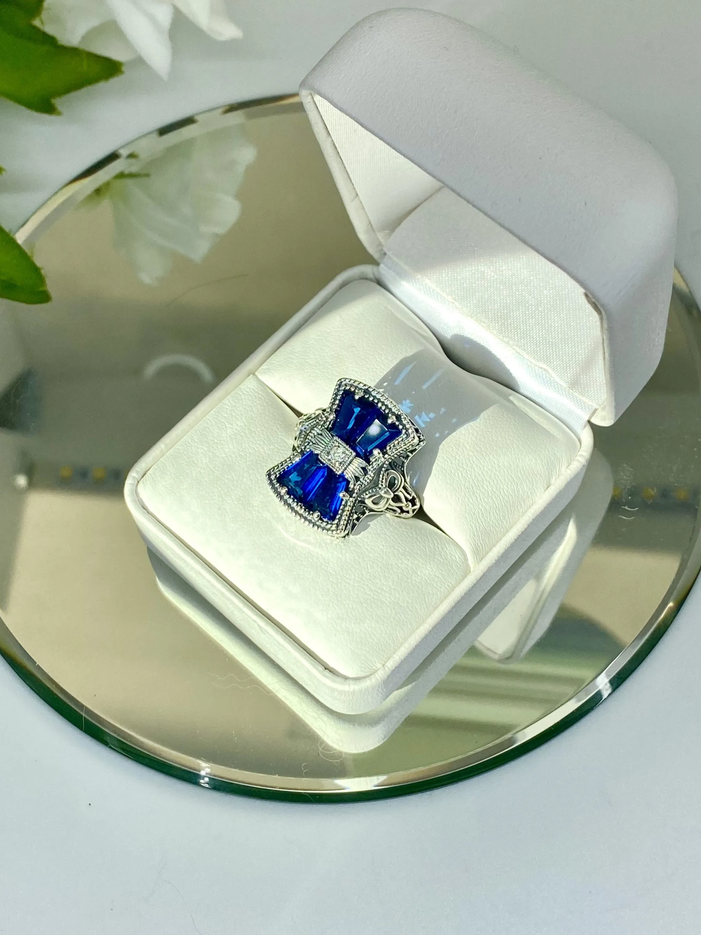 Blue Sapphire Ring, Size 6, Versailles Sterling Silver Bow & Baguette CZ Ring, Baroque Jewelry D595 - Ready to Ship