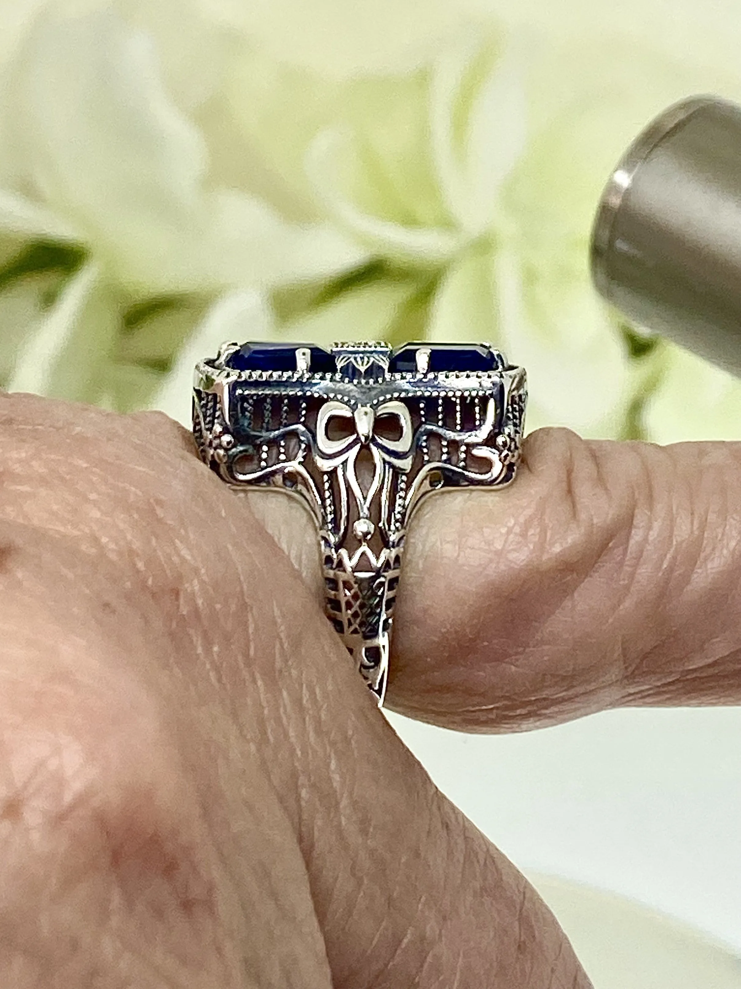 Blue Sapphire Ring, Size 6, Versailles Sterling Silver Bow & Baguette CZ Ring, Baroque Jewelry D595 - Ready to Ship